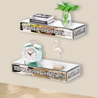 Floating Shelf Mirrored Diamond Crystal Border Set of 2