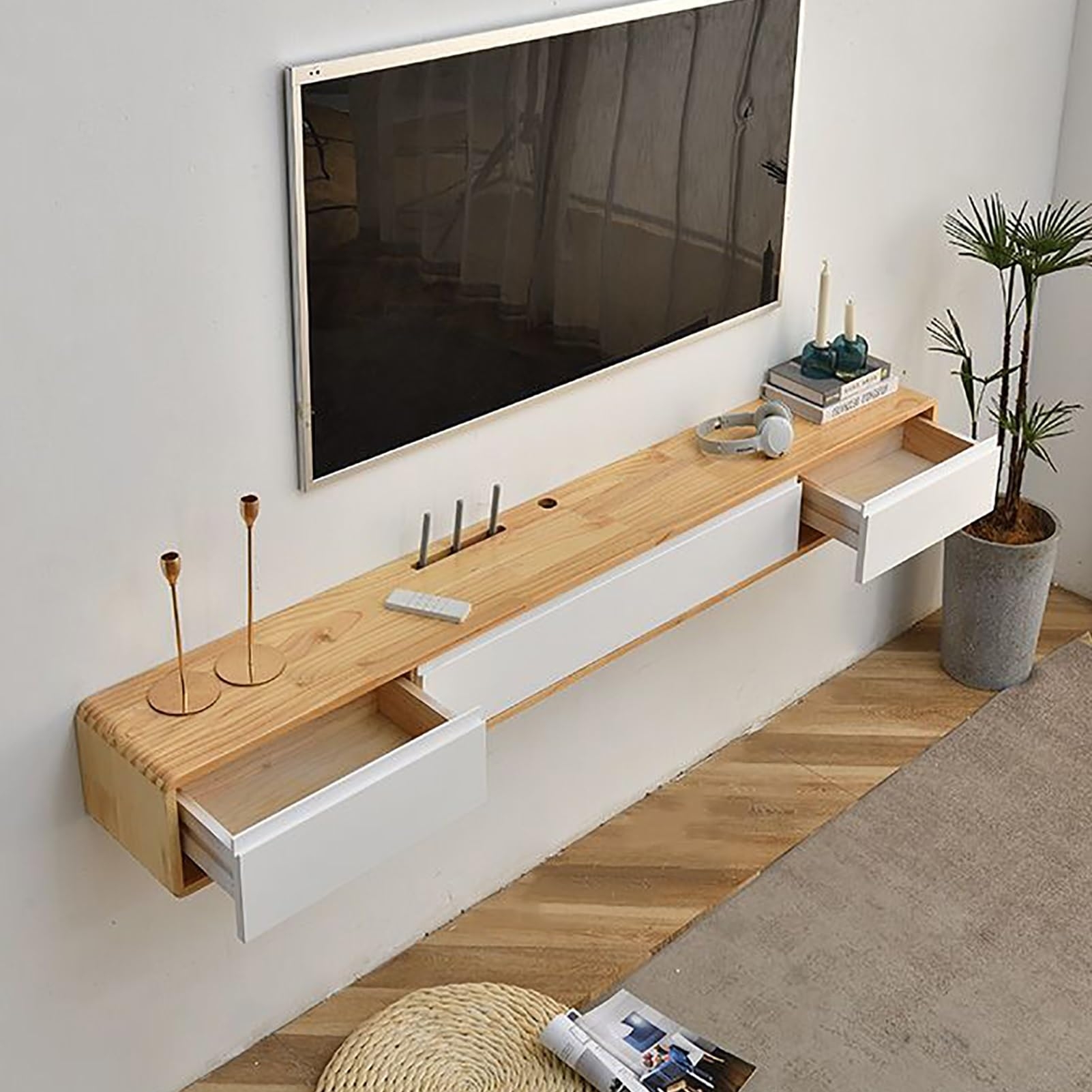 Floating TV Stand in Wood and White Scandi Style