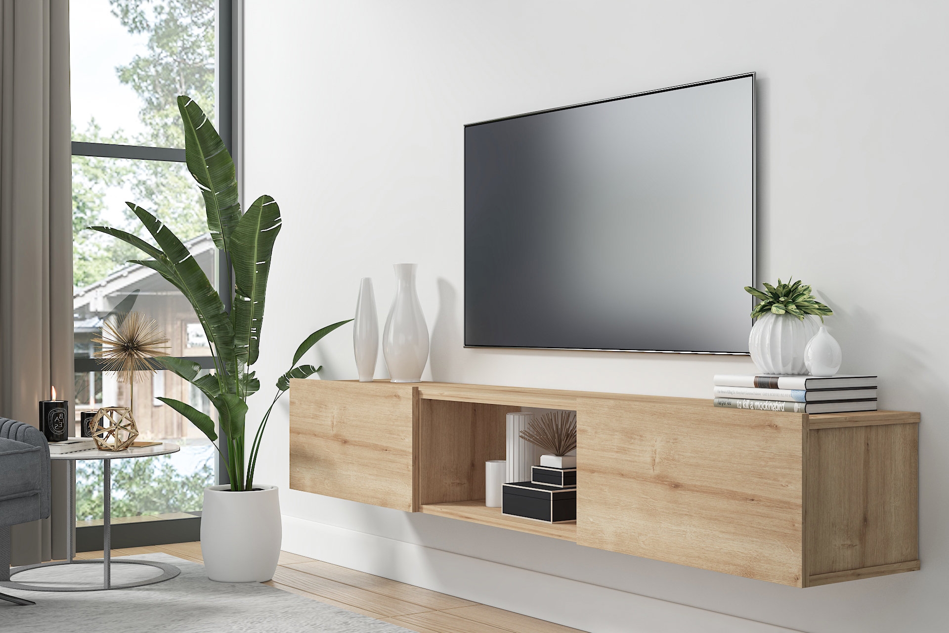 Floating TV Stand with Handleless Doors Media Console