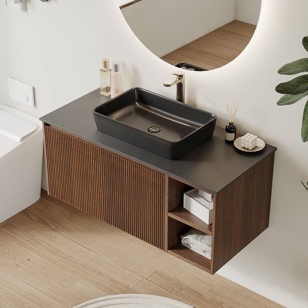 Floating Vanity: Modern slat door wood and matte black vessel sink