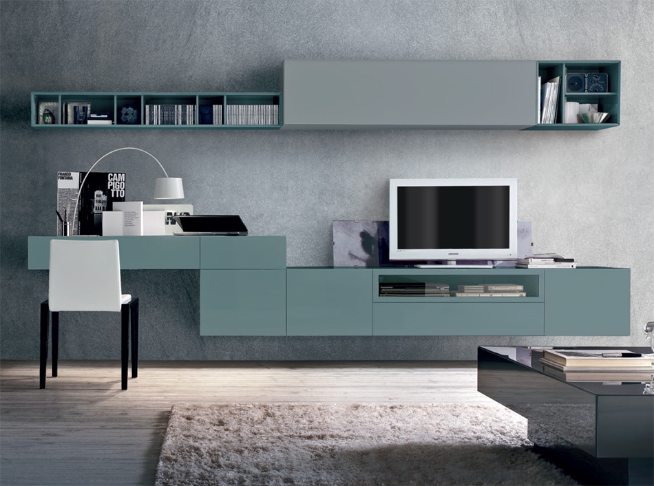 Floating Wall Unit with Teal Matte Cabinetry and Media Storage