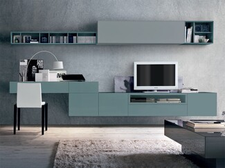 Floating Wall Unit with Teal Matte Cabinetry and Media Storage