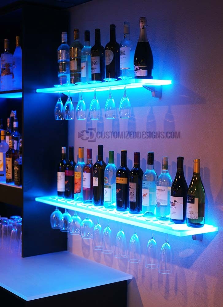 Floating Wine Shelf with Blue LED Illumination and Stemware Slots