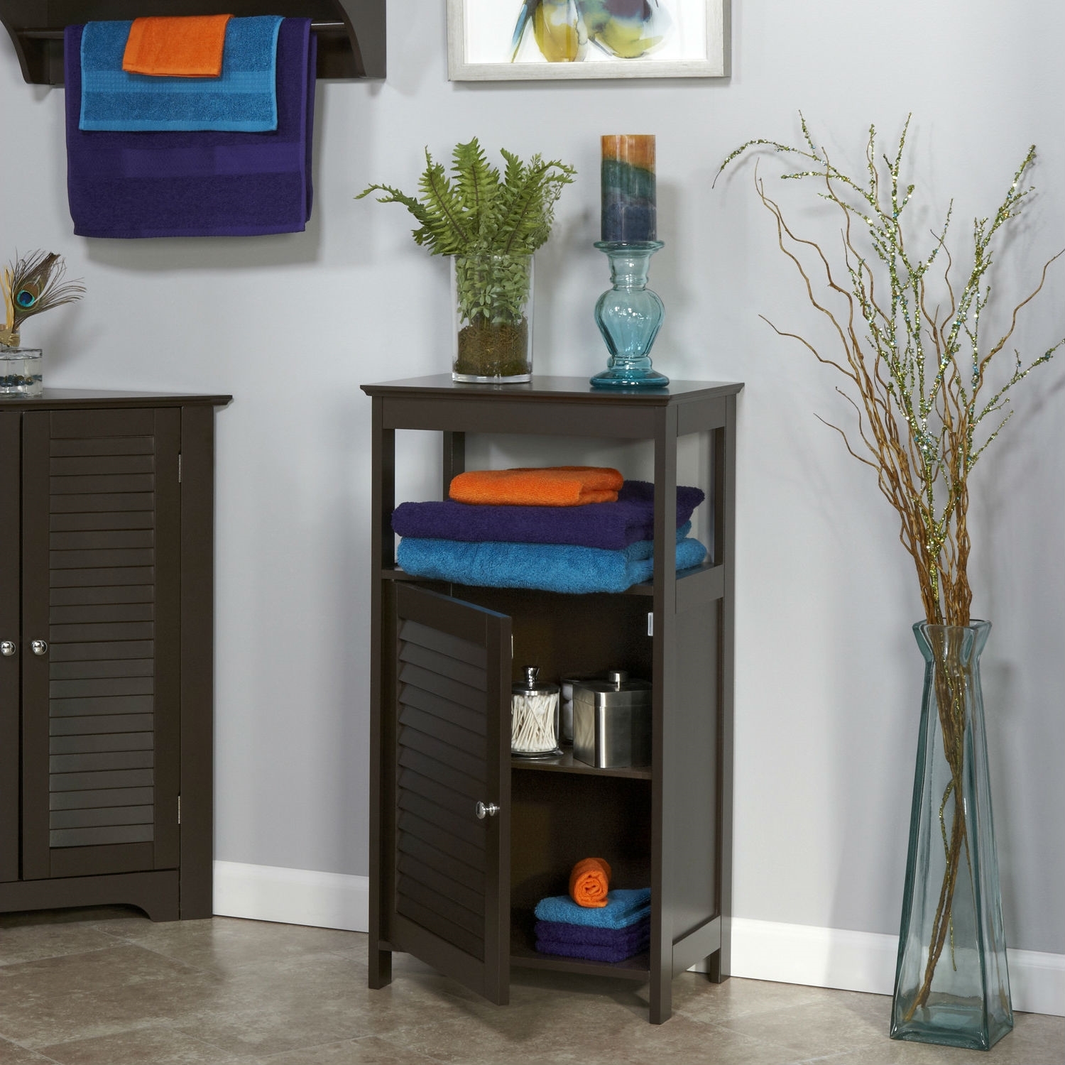 Floor Cabinet: Louvered Door Espresso Bathroom Floor Cabinet