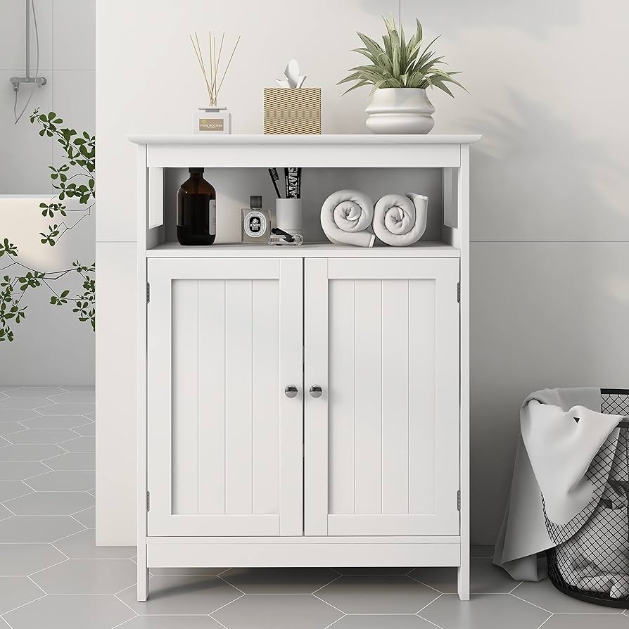 Floor Cabinet: Matte White Beadboard Storage Floor Cabinet