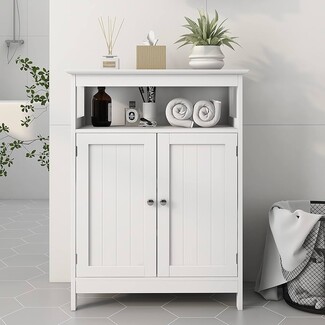 Floor Cabinet: Matte White Beadboard Storage Floor Cabinet