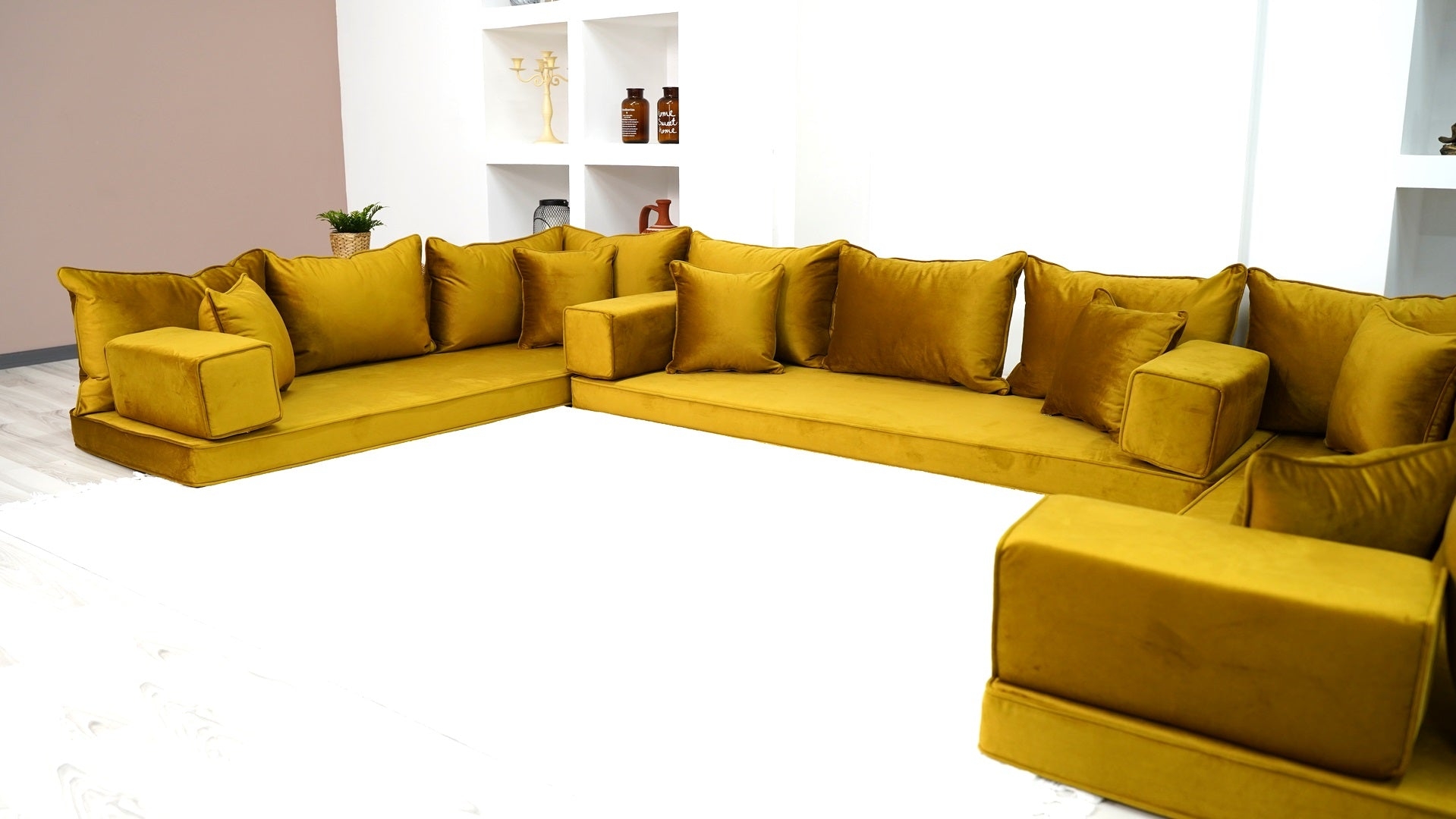 Floor Sofa with U Shaped Seating and Ochre Velvet Modular Style