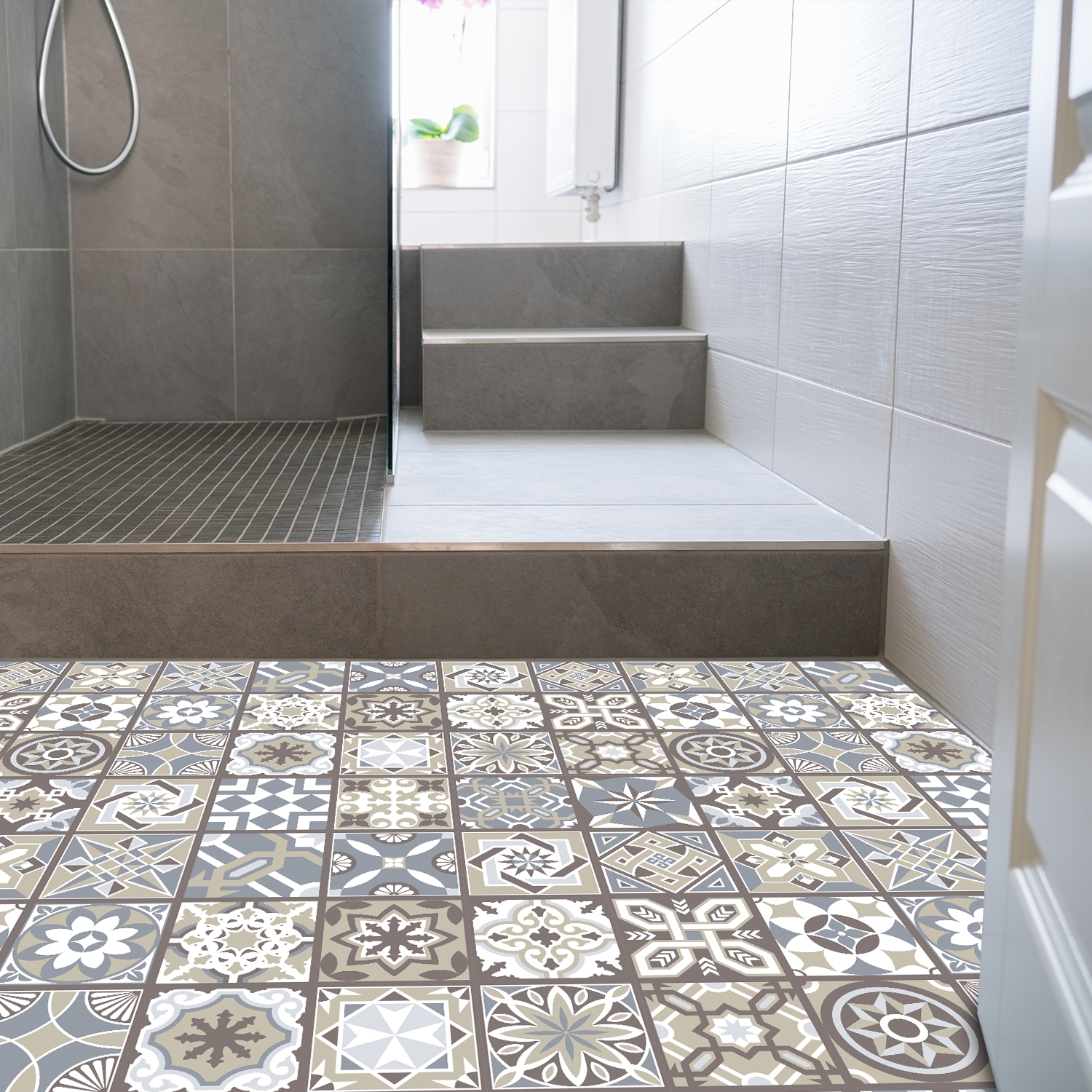 Floor Stickers in Patchwork Design for Bathroom Makeovers