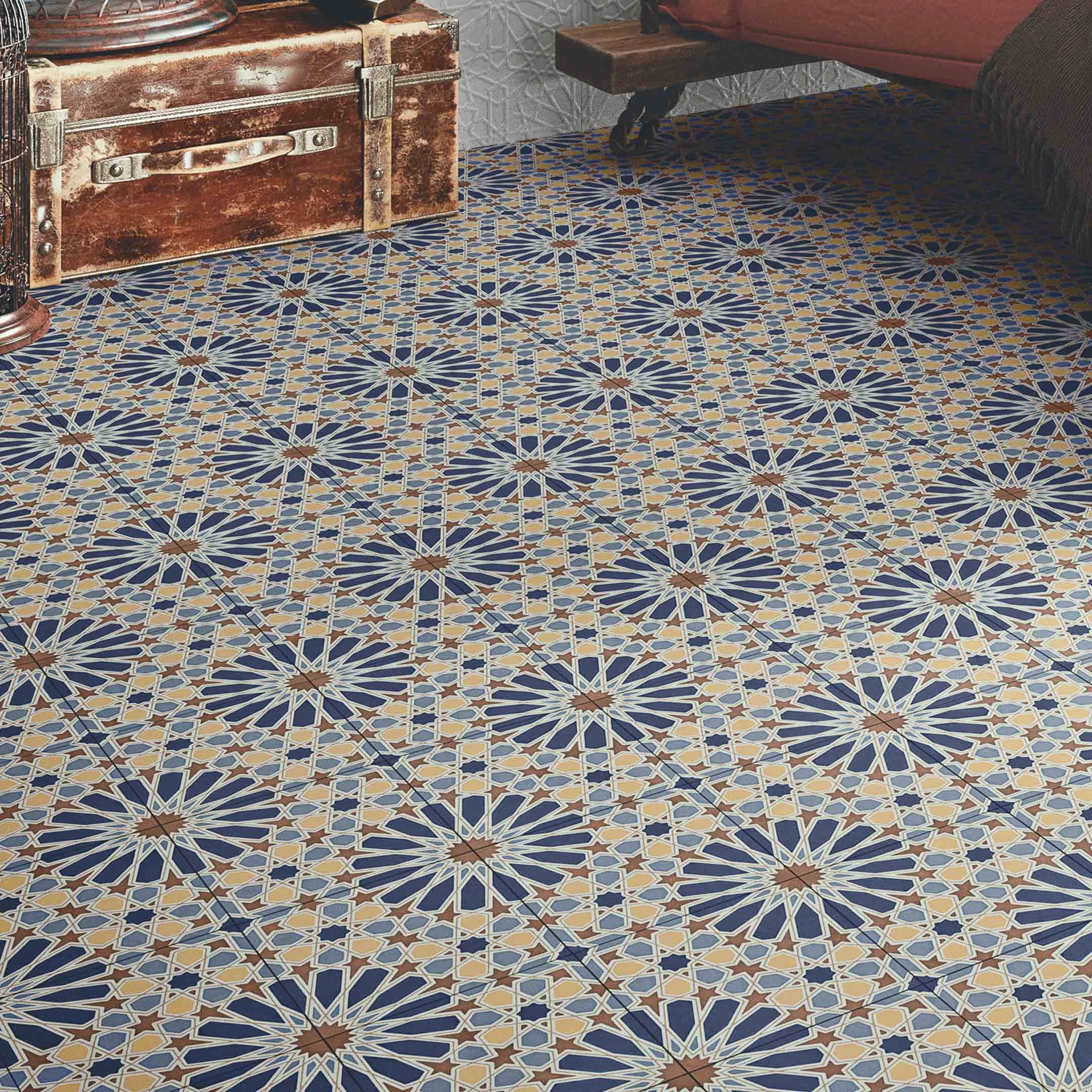 Floor Tile Large Format Geometric Star Navy Blue Motif