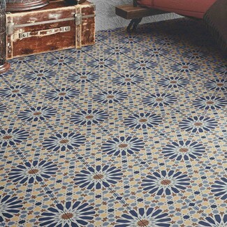 Floor Tile Large Format Geometric Star Navy Blue Motif