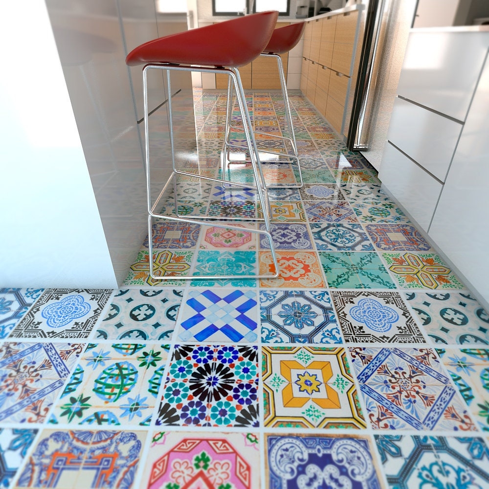Floor Tiles Eclectic Spanish Multi-Color Patterned Kitchen