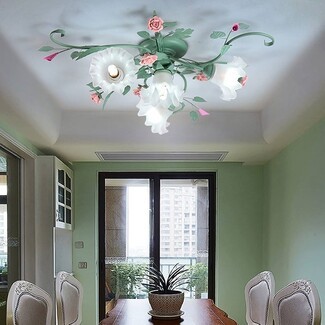 Flush Mount Ceiling Light Pink Rose Sage Green Vine Motif