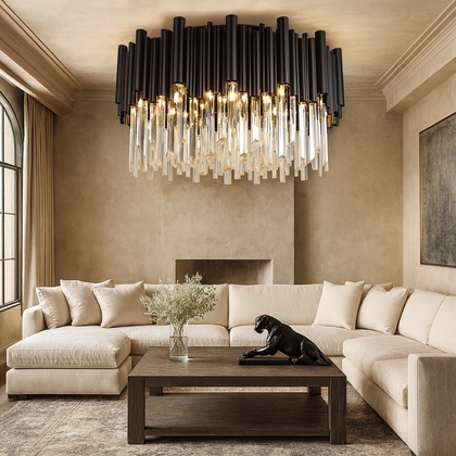 Flush Mount Chandelier Black Metal Tubes and Tiered Crystal Fringe