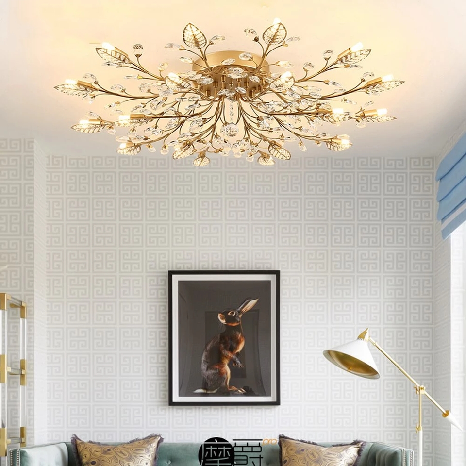 Flush Mount Chandelier Champagne Branching Arms and Crystal Leaves