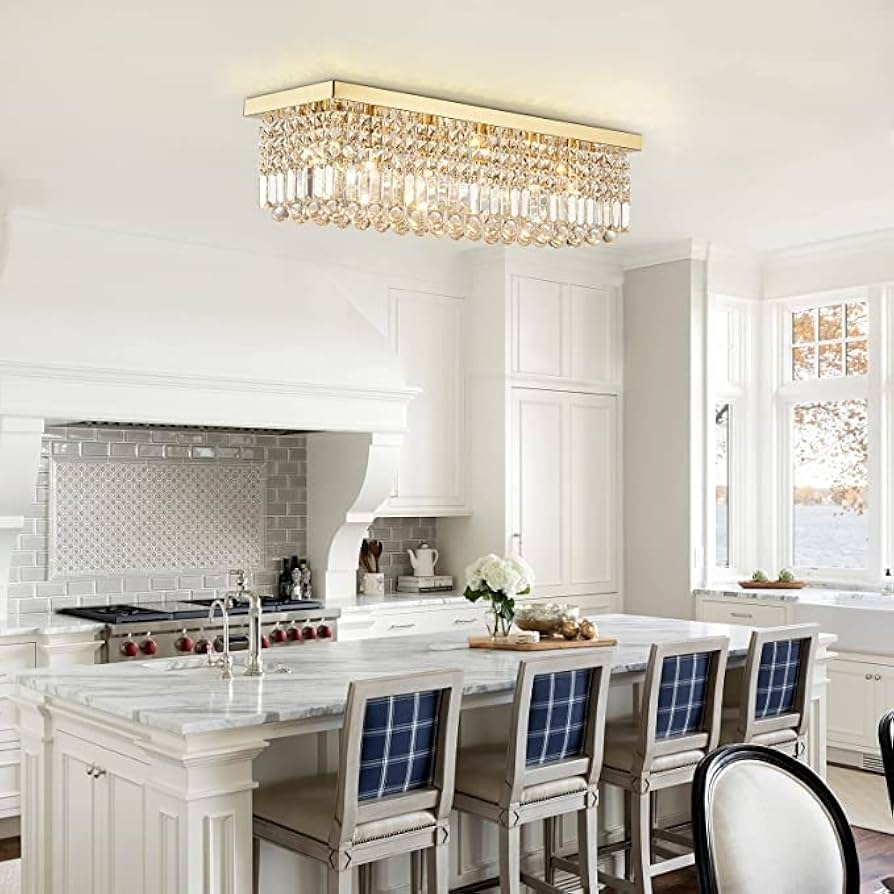 Flush Mount Chandelier Rectangular Polished Crystal Kitchen Light