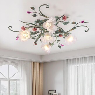 Flush Mount Chandelier with Ceramic Roses and Lily Glass Shades