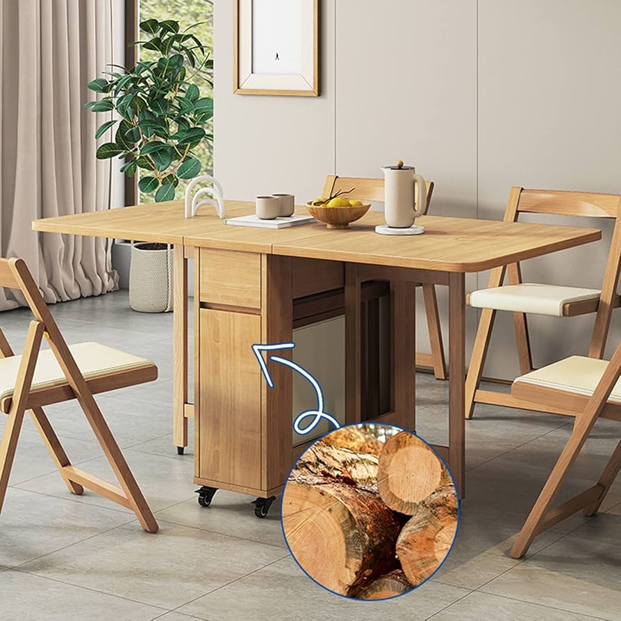 Folding Dining Table with Rolling Casters and Central Cabinet