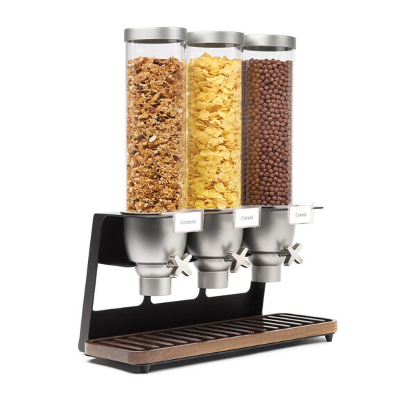 Food Dispenser Slatted Wood Base Triple Canister Granola