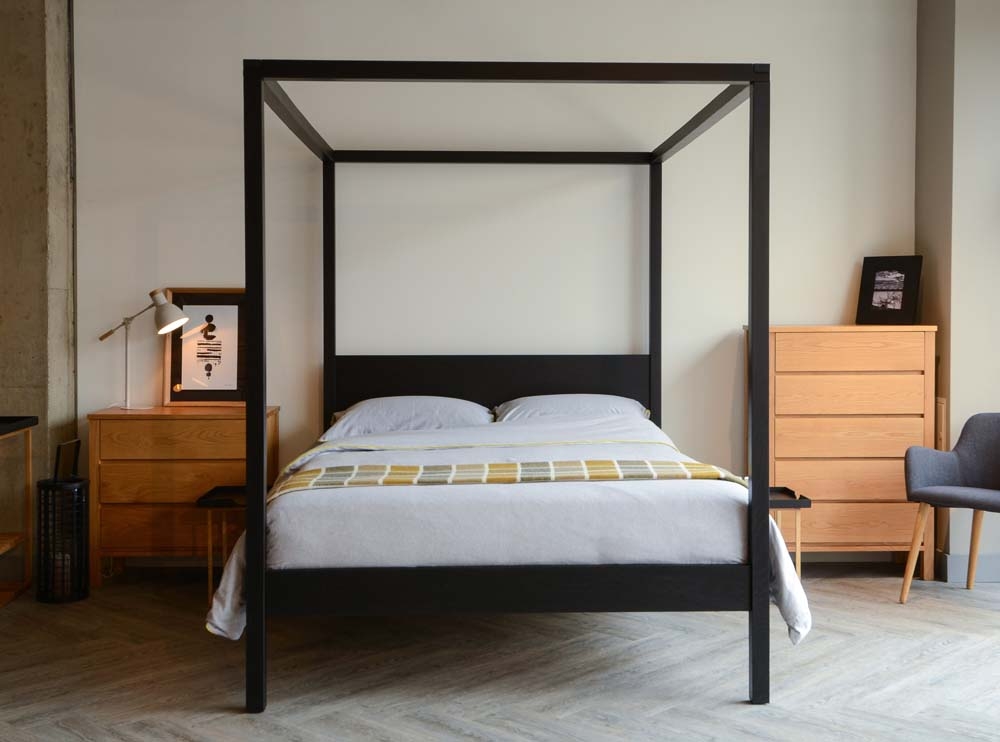 Four Poster Bed Canopy Style with Black Headboard Panel