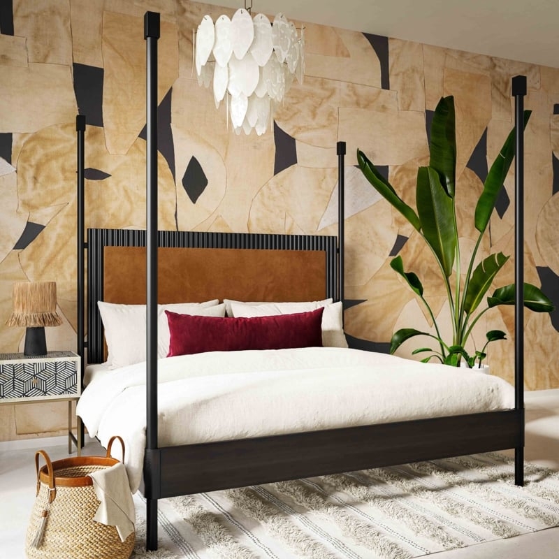 Four Poster Bed details Ribbed Headboard and Suede Upholstery