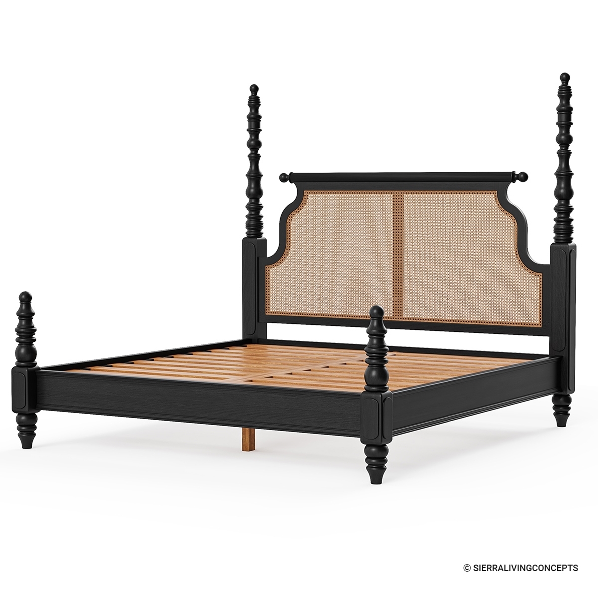 Four Poster Bed Featuring Spindle Posts and Cane Panels