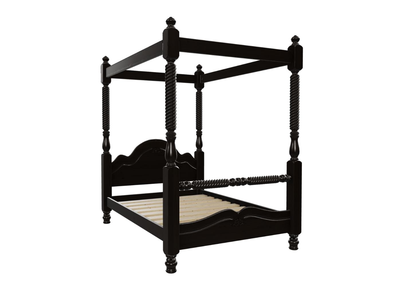 Four Poster Bed having Twisted Spiral Posts and Carved Wood