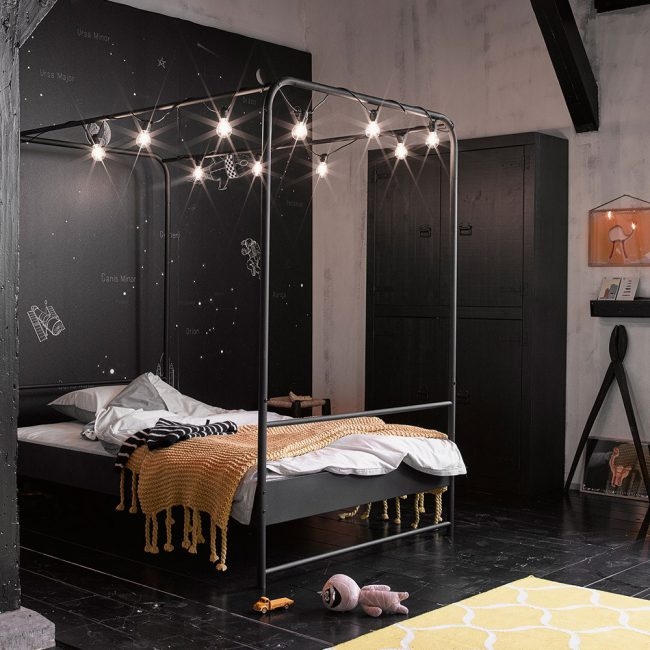 Four Poster Bed including Festoon Lighting and Tubular Frame