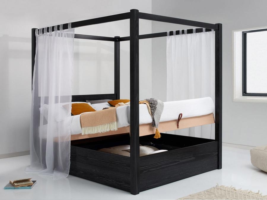 Four Poster Bed offering Ottoman Storage and Black Wash