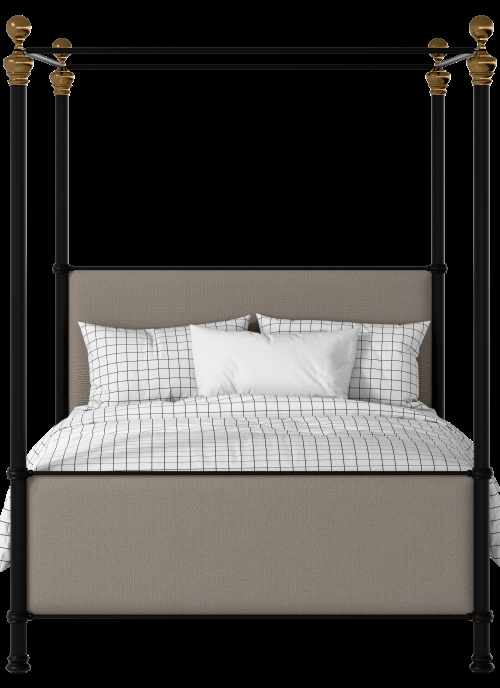 Four Poster Bed Upholstered Design with Brass Finials