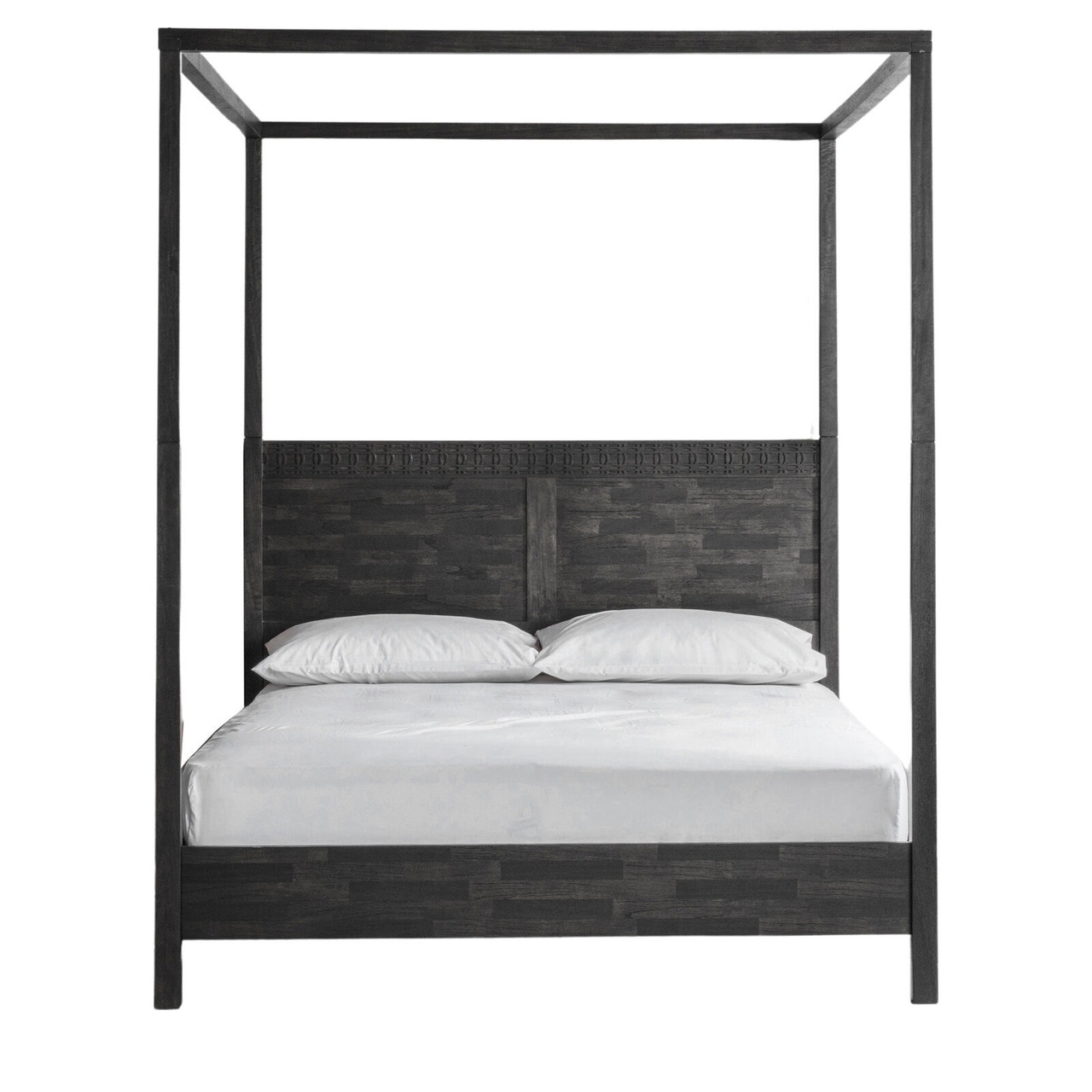 Four Poster Bed utilizing Parquetry Headboard in Charcoal