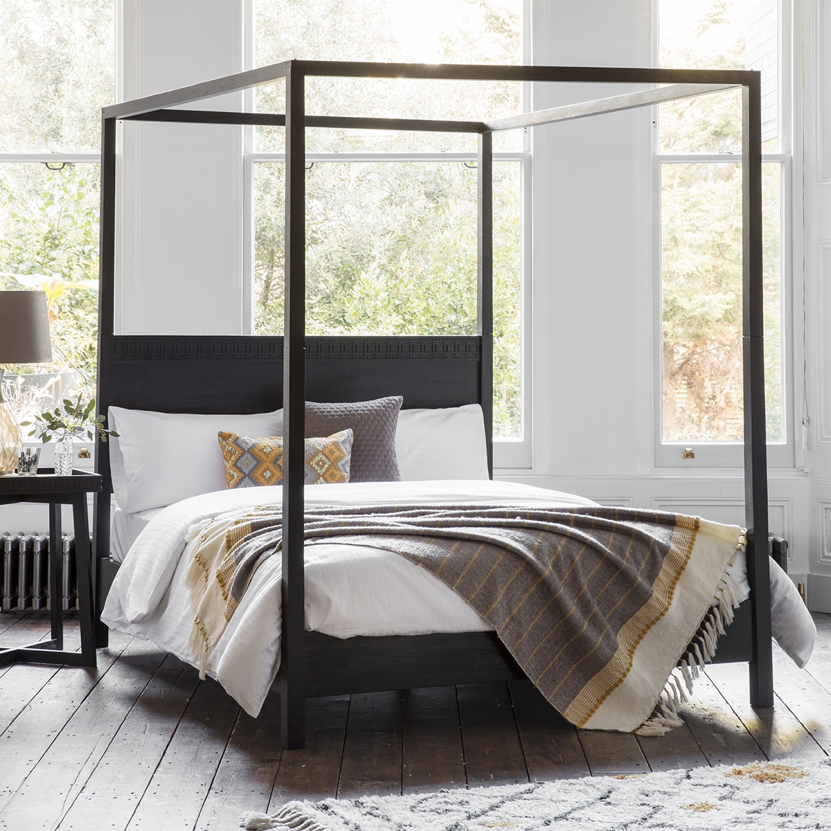 Four Poster Bed with Carved Headboard in Matte Black