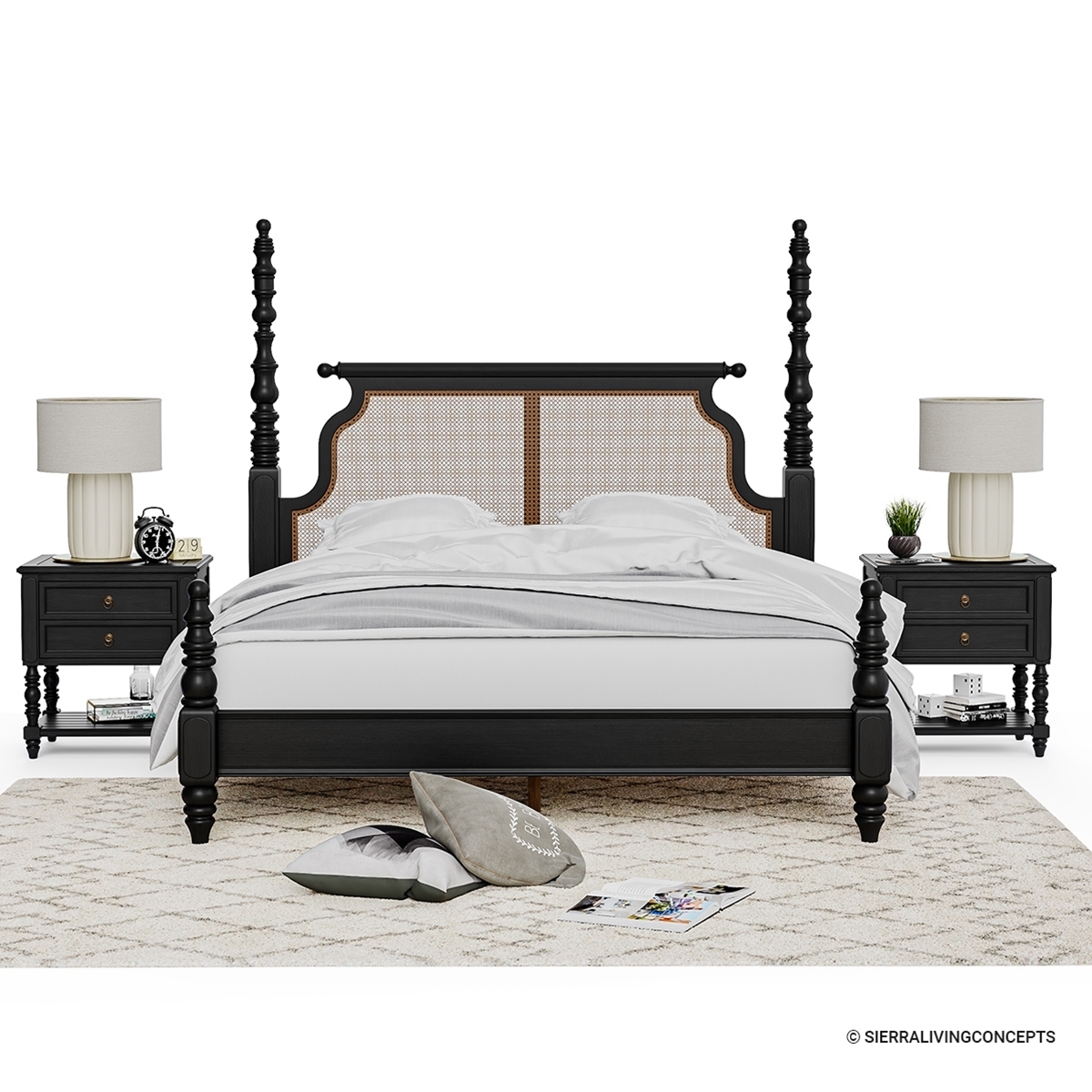 Four Poster Bed Woven Cane Mesh and Bobbin Turned Posts