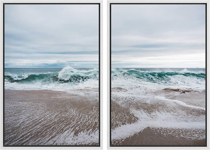 Framed Canvas Art Diptych Coastal Landscape Teal Waves