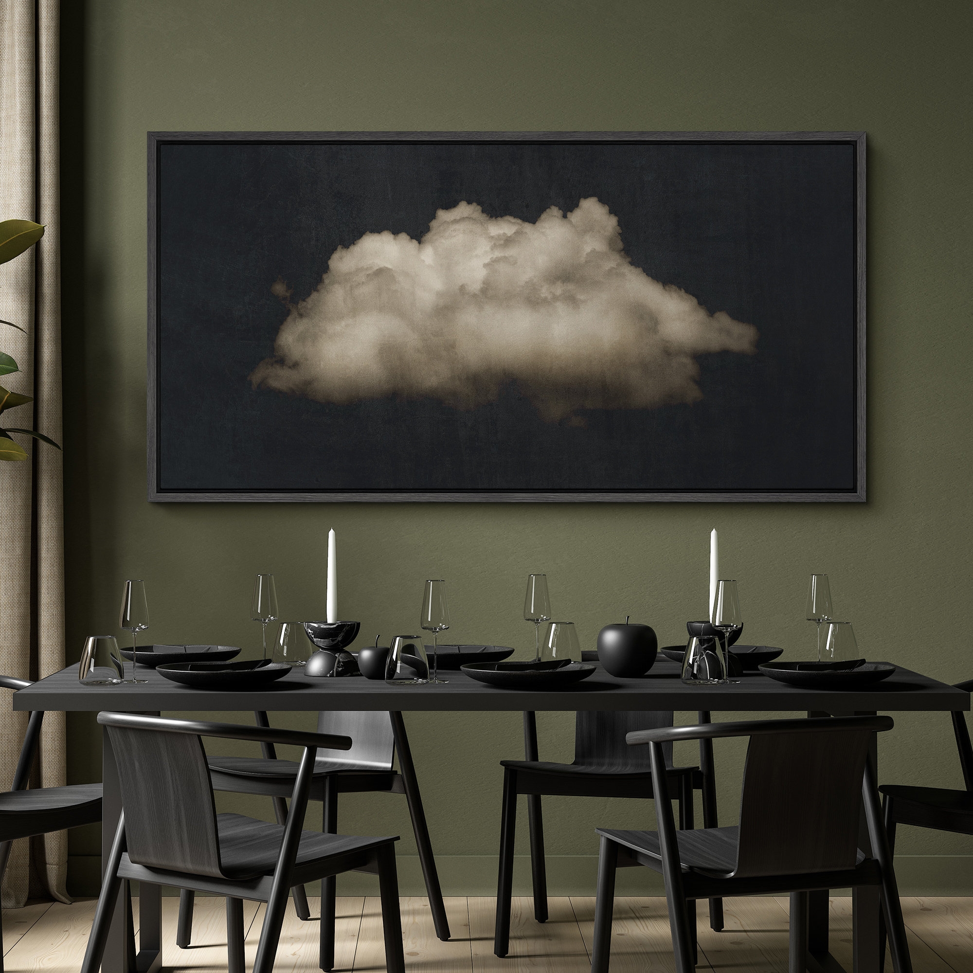 Framed Canvas Art: Extra Large Cloud Print Olive Green Walls
