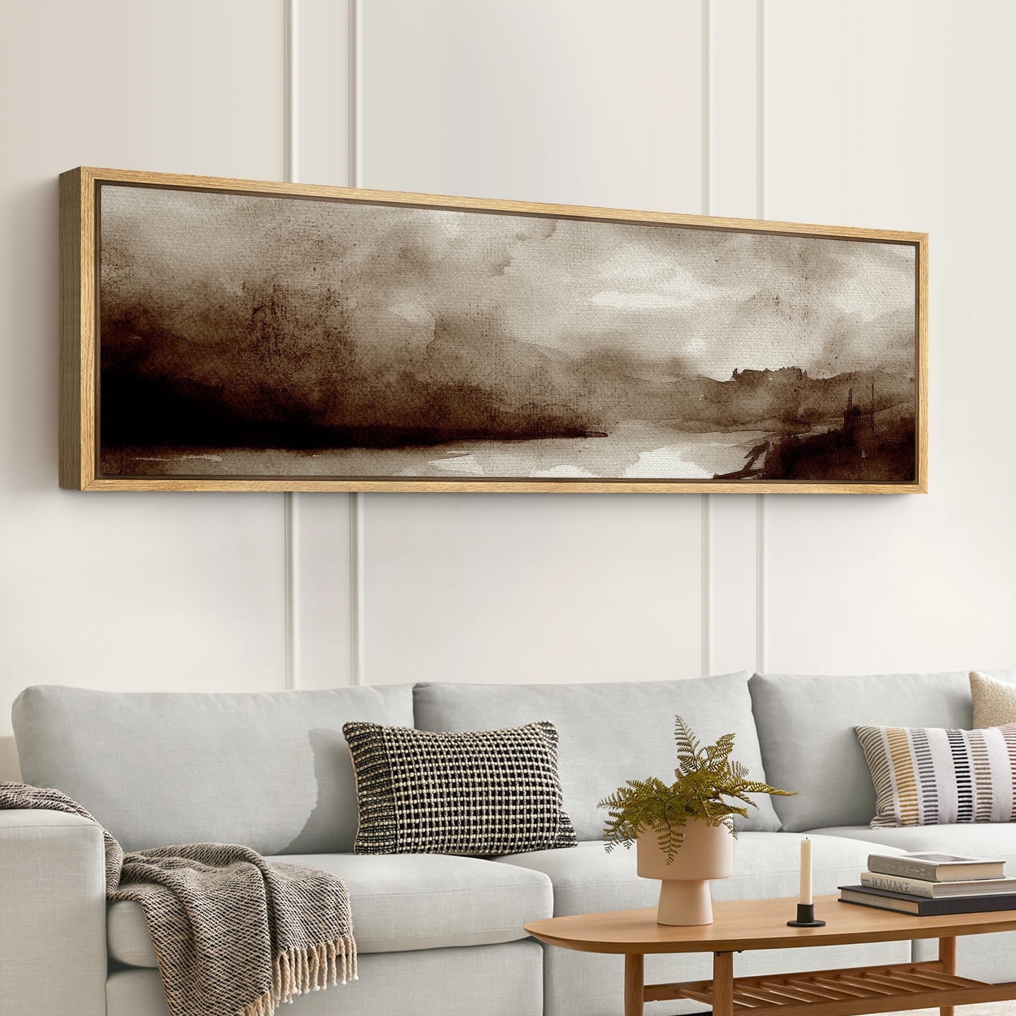 Framed Canvas Art: Panoramic Sepia Abstract Landscape Print