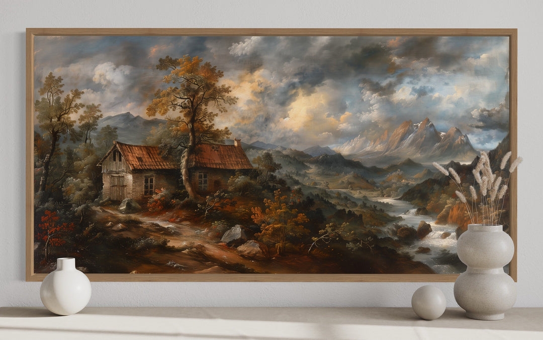 Framed Canvas Art: Wide Panoramic View Moody Country Landscape