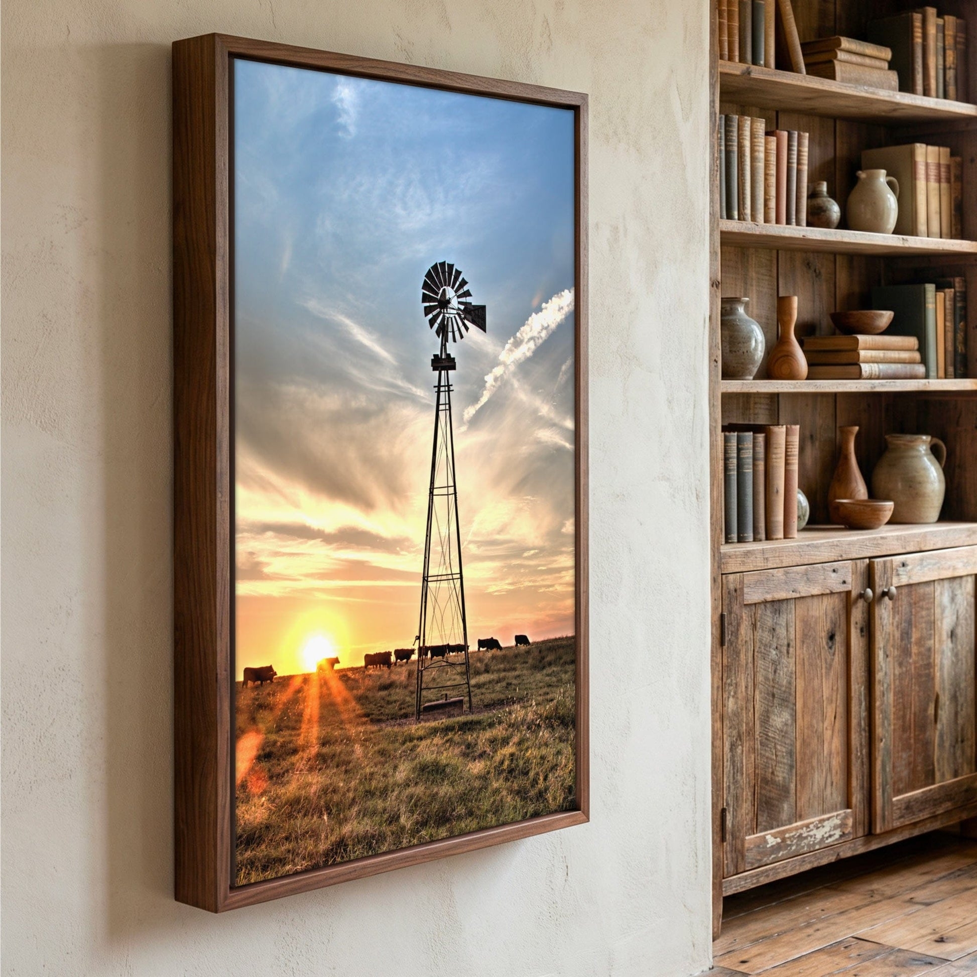 Framed Canvas Print: Windmill Landscape Golden Hour Walnut Frame