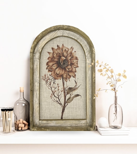 Framed Wall Art: Arched Sepia Flower Print Bohemian Wood Wall Hanging