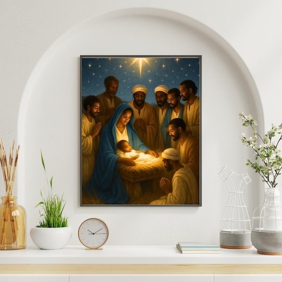 Framed Wall Art: Black Nativity Art Print Arched Wall Niche