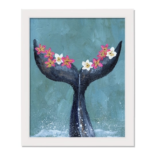 Framed Wall Art: Floral Whale Tail Whimsical Ocean Painting