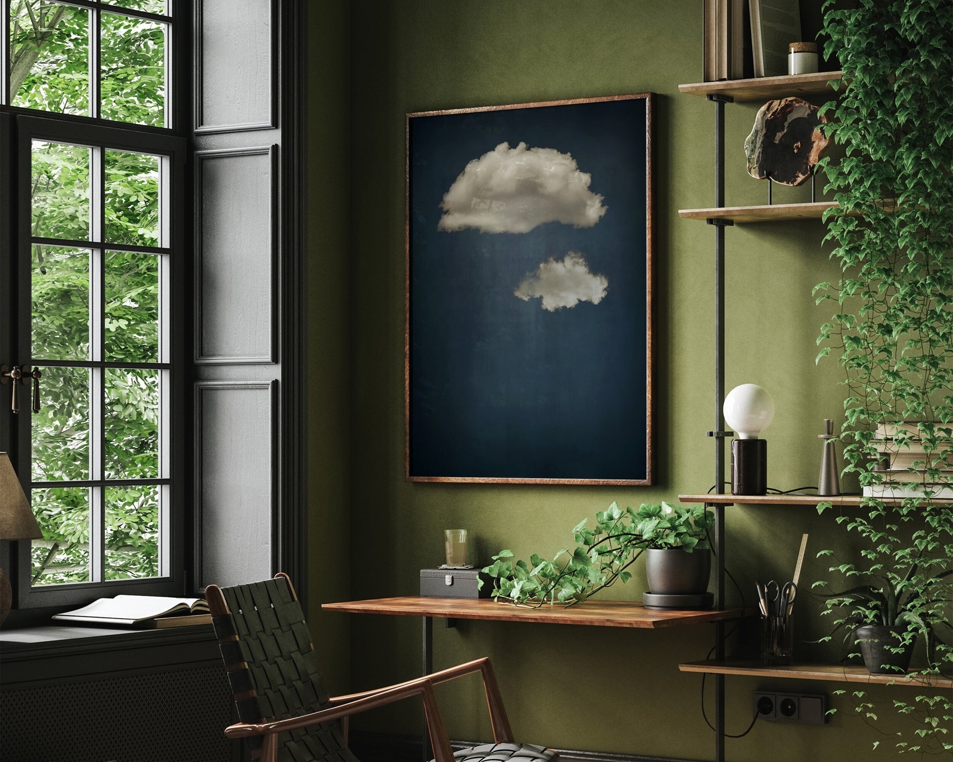 Framed Wall Art: Moody Cloud Art for Moss Green Interior