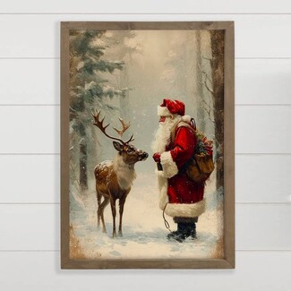 Framed Wall Art Santa and Reindeer Vintage Holiday Painting