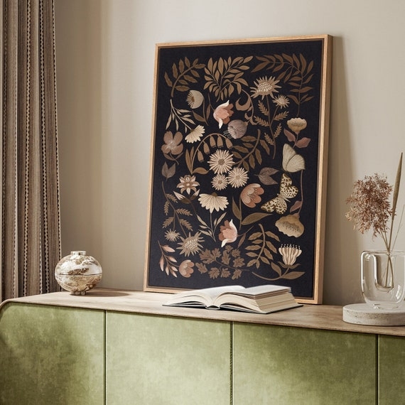 Framed Wall Art: Vintage Floral Canvas Sage Cabinet Styling