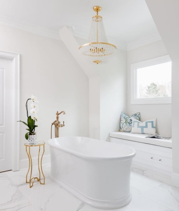 Freestanding Bathtub featuring Gold Beaded Chandelier Spa Room