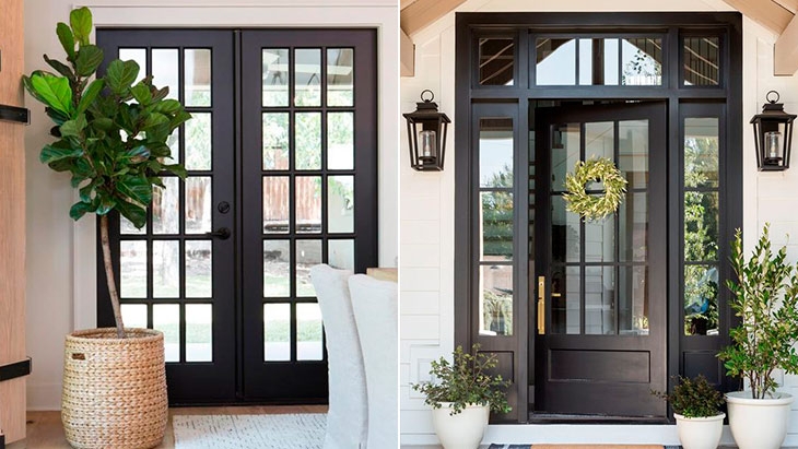 French Doors Matte Black Grid Entryway Transom Sidelights