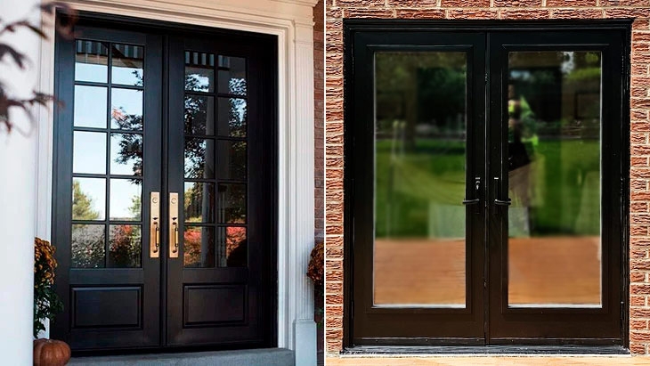 French Doors Multi-Pane Muntins Brass Hardware Entryway