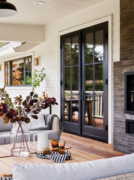 French Doors Stacked Stone Surround Farmhouse Patio Decor