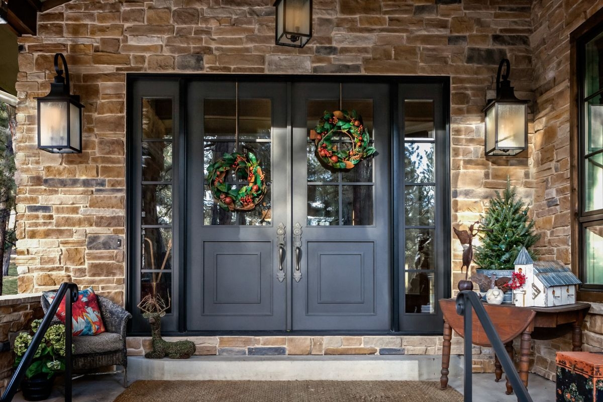 French Doors Stone Veneer Backdrop Divided Lite Exterior Doors