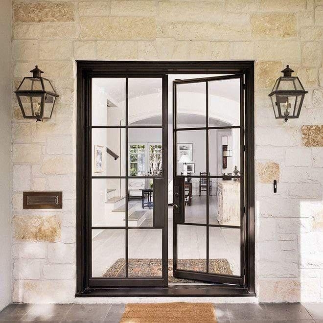 French Double Door 8-Lite Grid Matte Black Metal Entryway