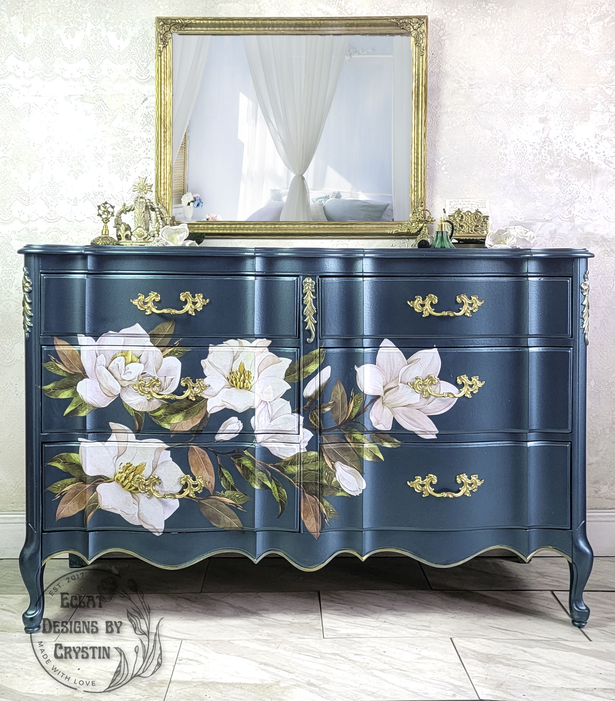 French Provincial Dresser with Teal Magnolia Mural